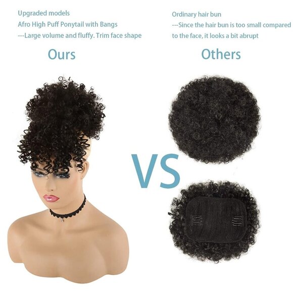 Afro High Puff Wig Synthetic Short Kinky Curly Ponytail with Bangs for Black Wom